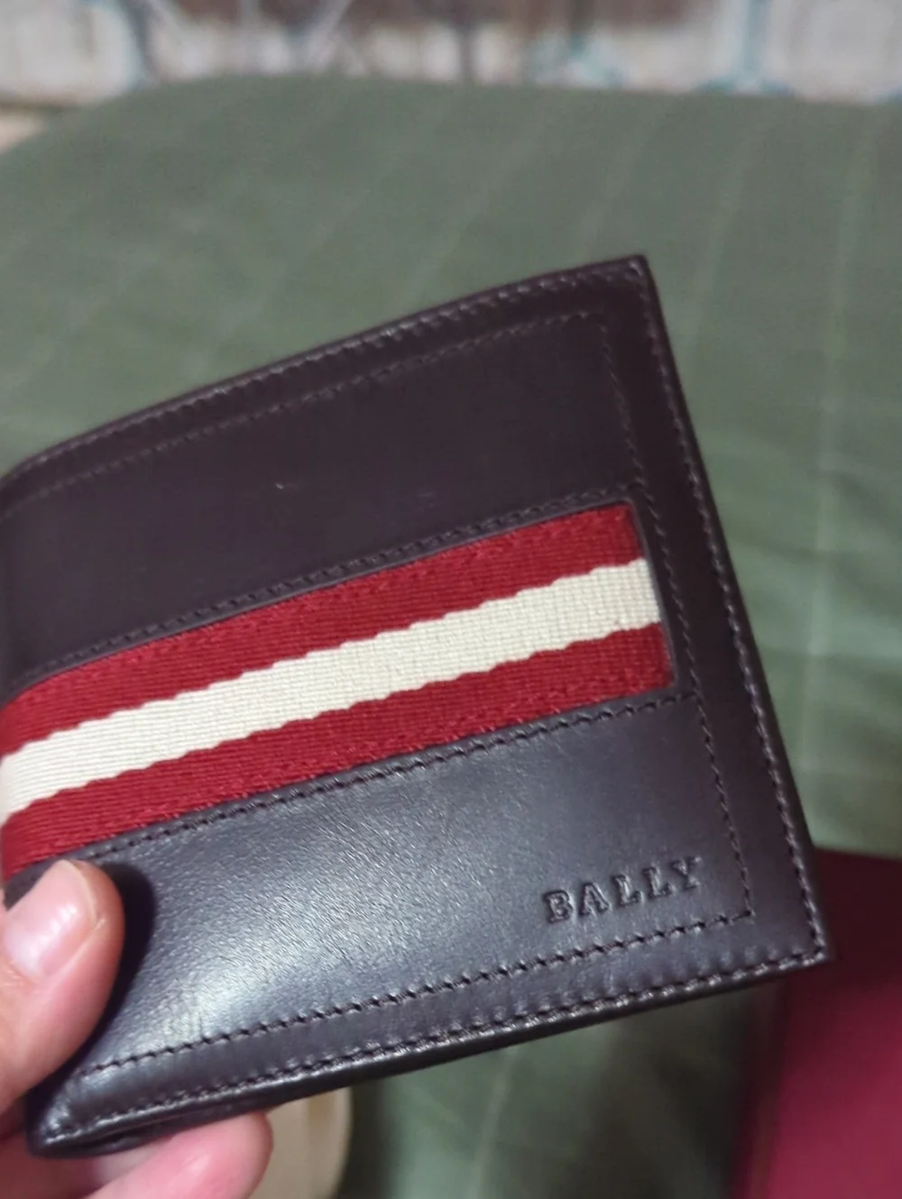 Dark Brown Leather Bifold Wallet with Red & White Stripe Accent
